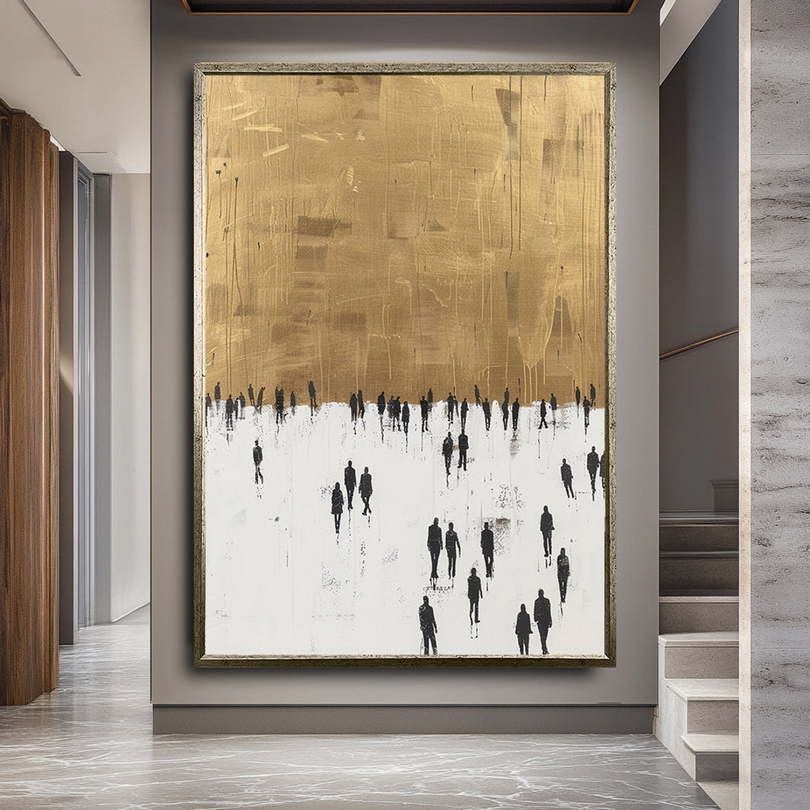 Gold Abstract With Black Crowd Silhouettes Minimalist Poster - Image 2