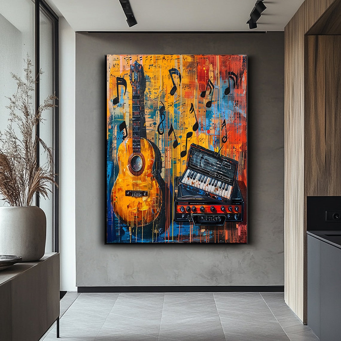 Orange Guitar And Keyboard On Vibrant Graffiti Music Notes Wall Art
