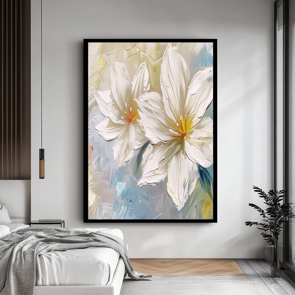 White Flower Impasto Painting Soft Blue Background Wall Art Poster - Image 4