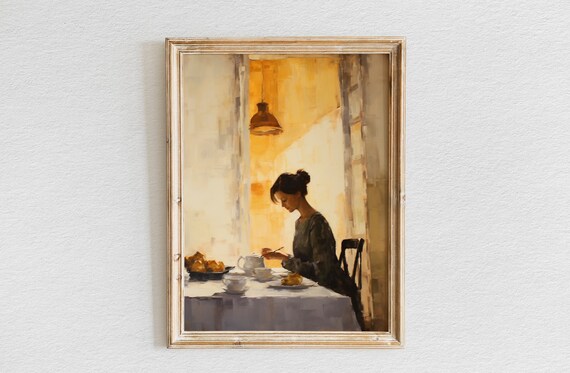 Woman Enjoying Breakfast in Warm Morning Light Impressionist Poster