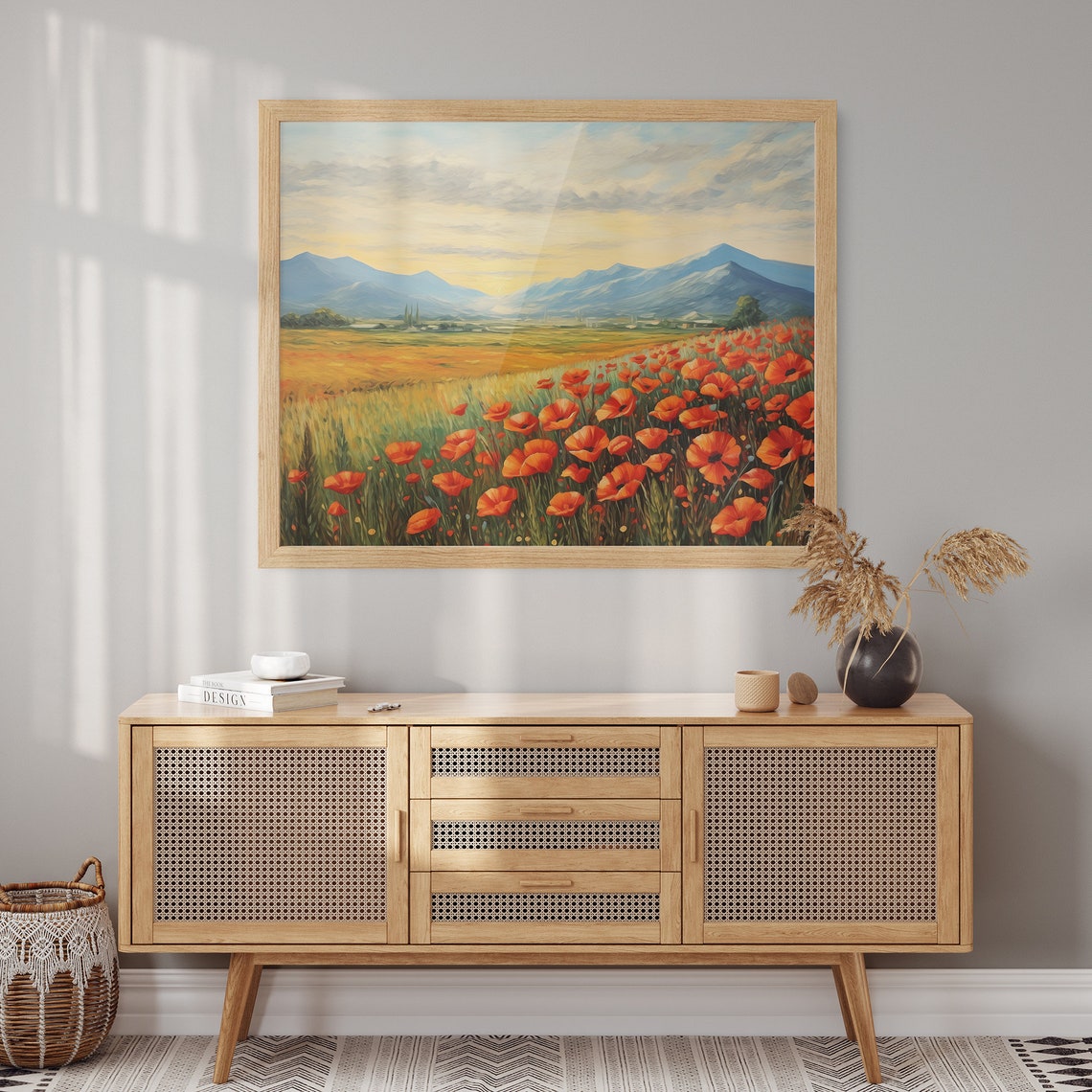 Sunset Red Poppy Field With Blue Mountain Peaks Oil Painting Poster - Image 2