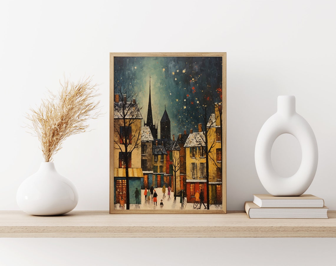 Snowy Paris Square Starry Night Church Spires Winter Scene Poster - Image 3