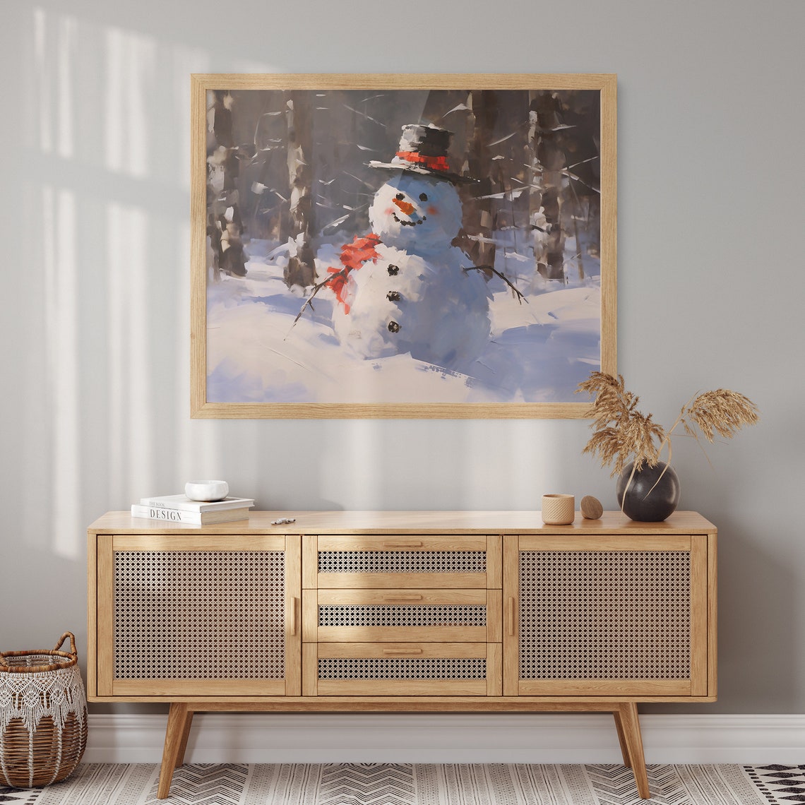 Smiling Snowman with Black Top Hat Alone in Snowy Woods Poster - Image 2