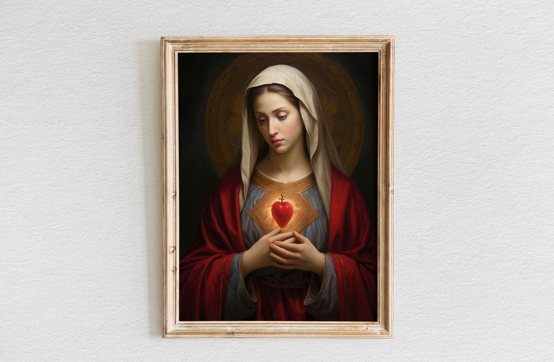 Oil Painting Of The Most Sacred Heart Of Mary Bible Verse Wall Art Wall Decor Christian Wall Art Religiour Wall Art
