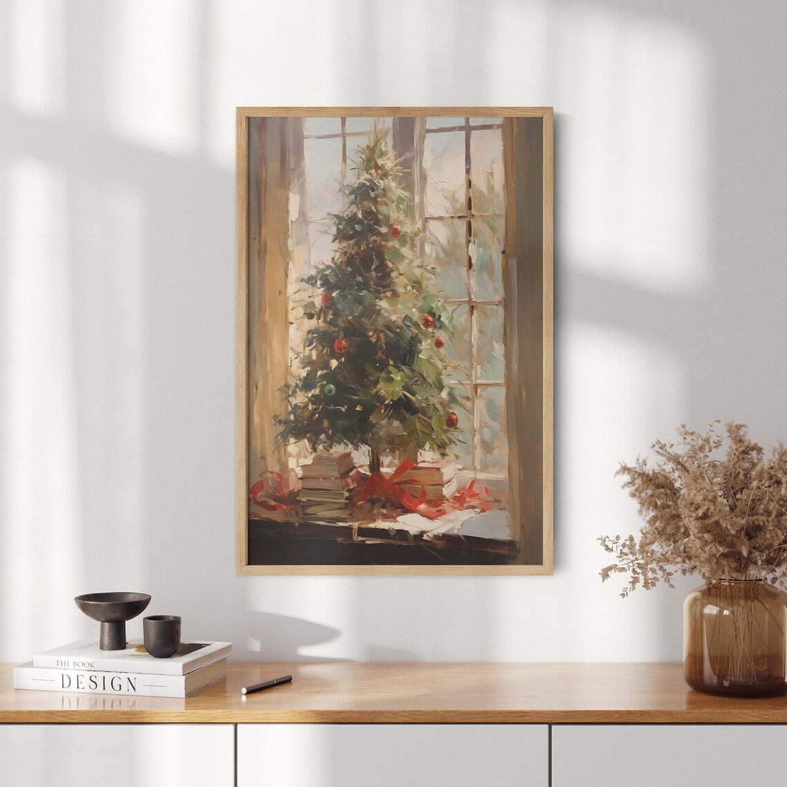 Small Christmas Tree with Red Ornaments on Windowsill by Books Art Poster - Image 2