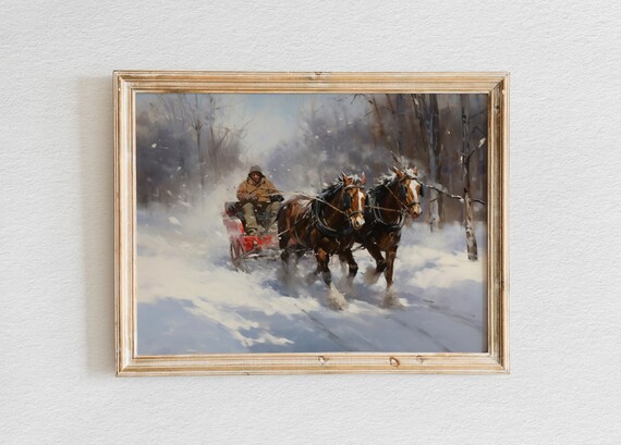 Two Horses Drawn Red Sleigh Ride Snowy Woods Winter Scene Poster