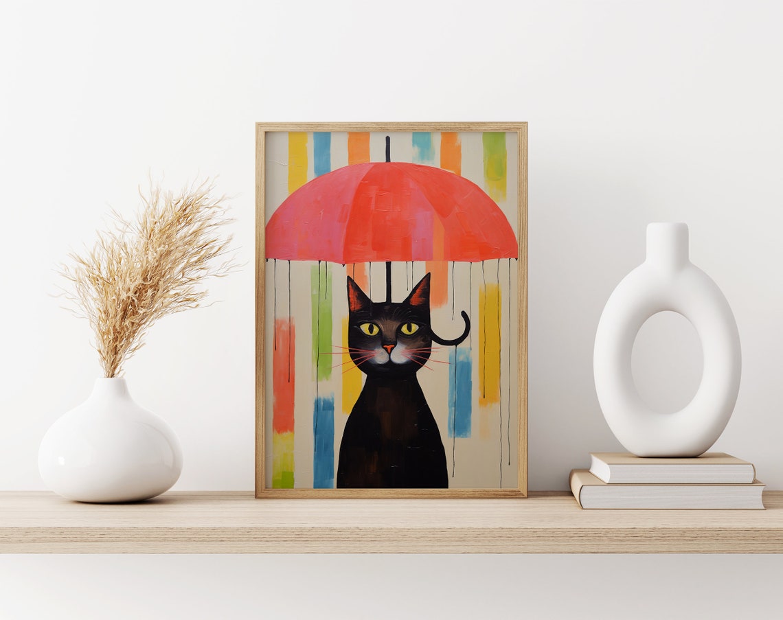 Black Cat Holding a Red Umbrella in the Colorful Rain Poster - Image 3