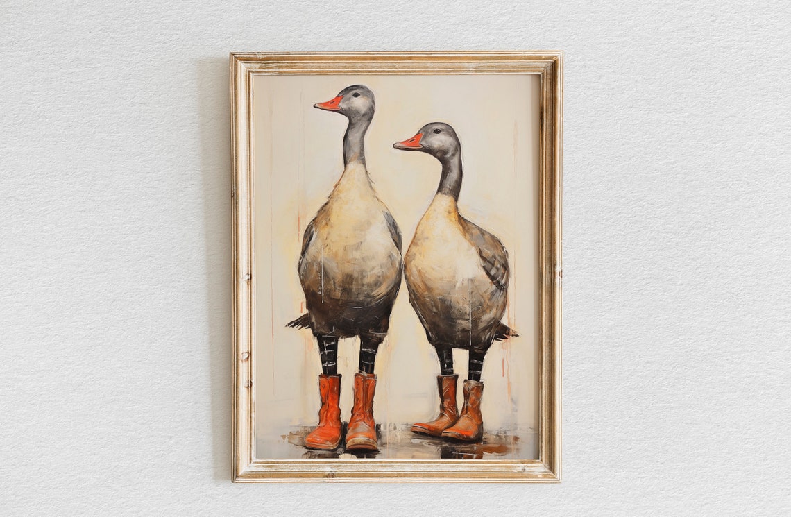 Pair of Standing Geese Wearing Red Cowboy Boots Portrait Poster