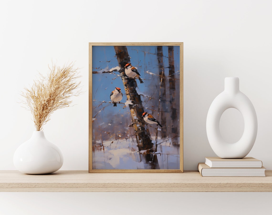 Three Small Birds Perched on a Snowy Birch Tree Trunk Poster - Image 3
