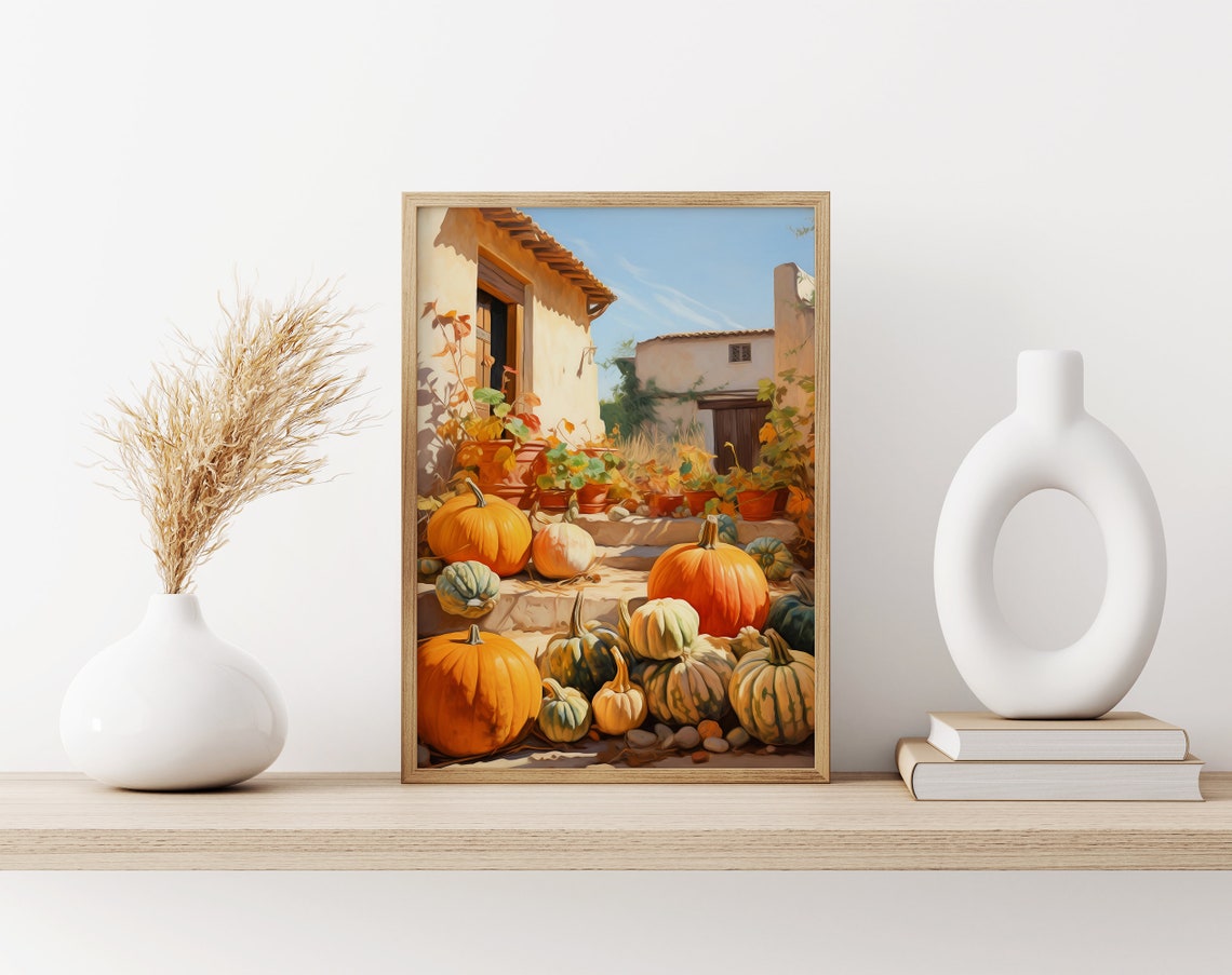 Rustic Pumpkin Collection Sunlit Farmhouse Steps Scene Poster - Image 3
