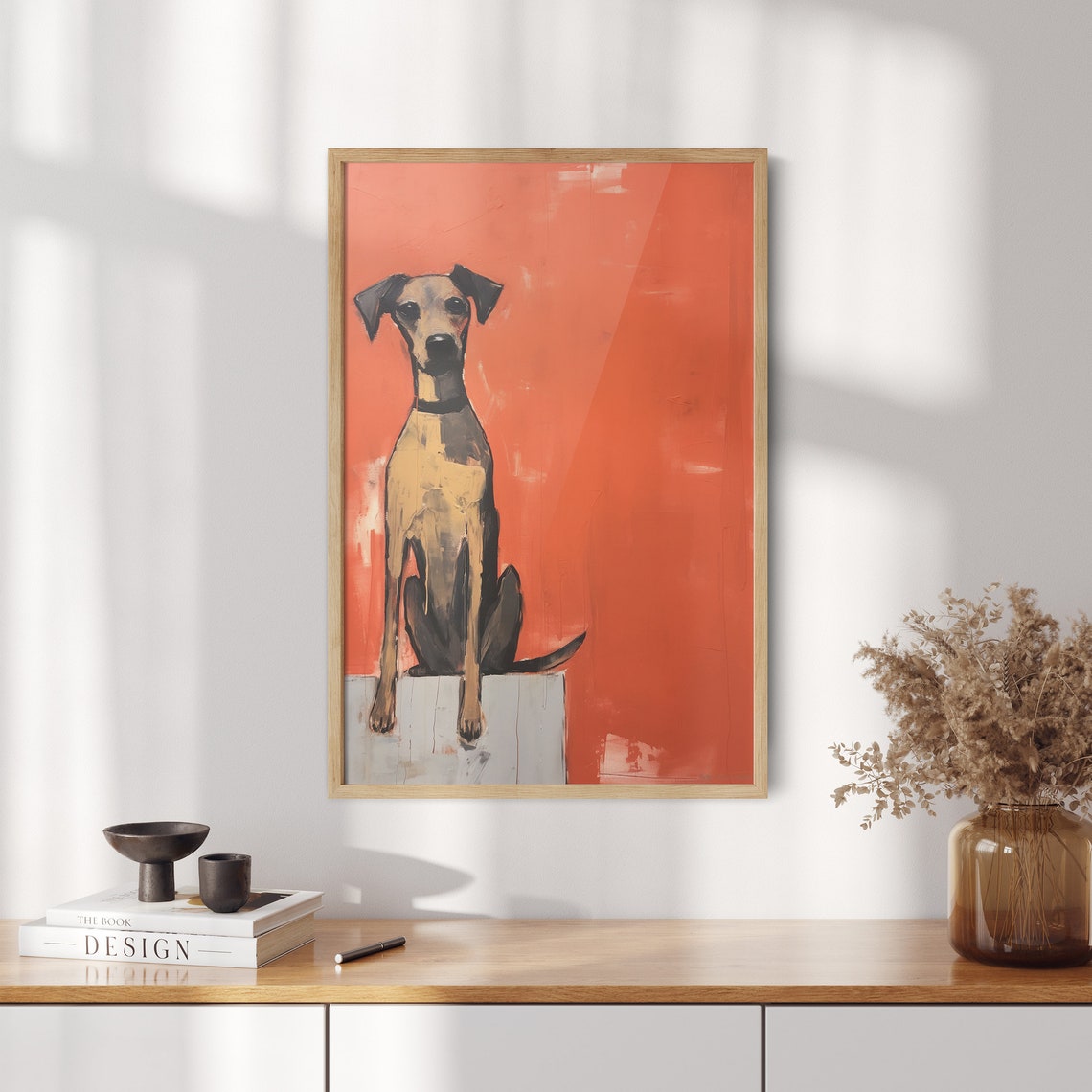 Calm Dog Sitting Tall Against a Bold Orange Background Poster - Image 2