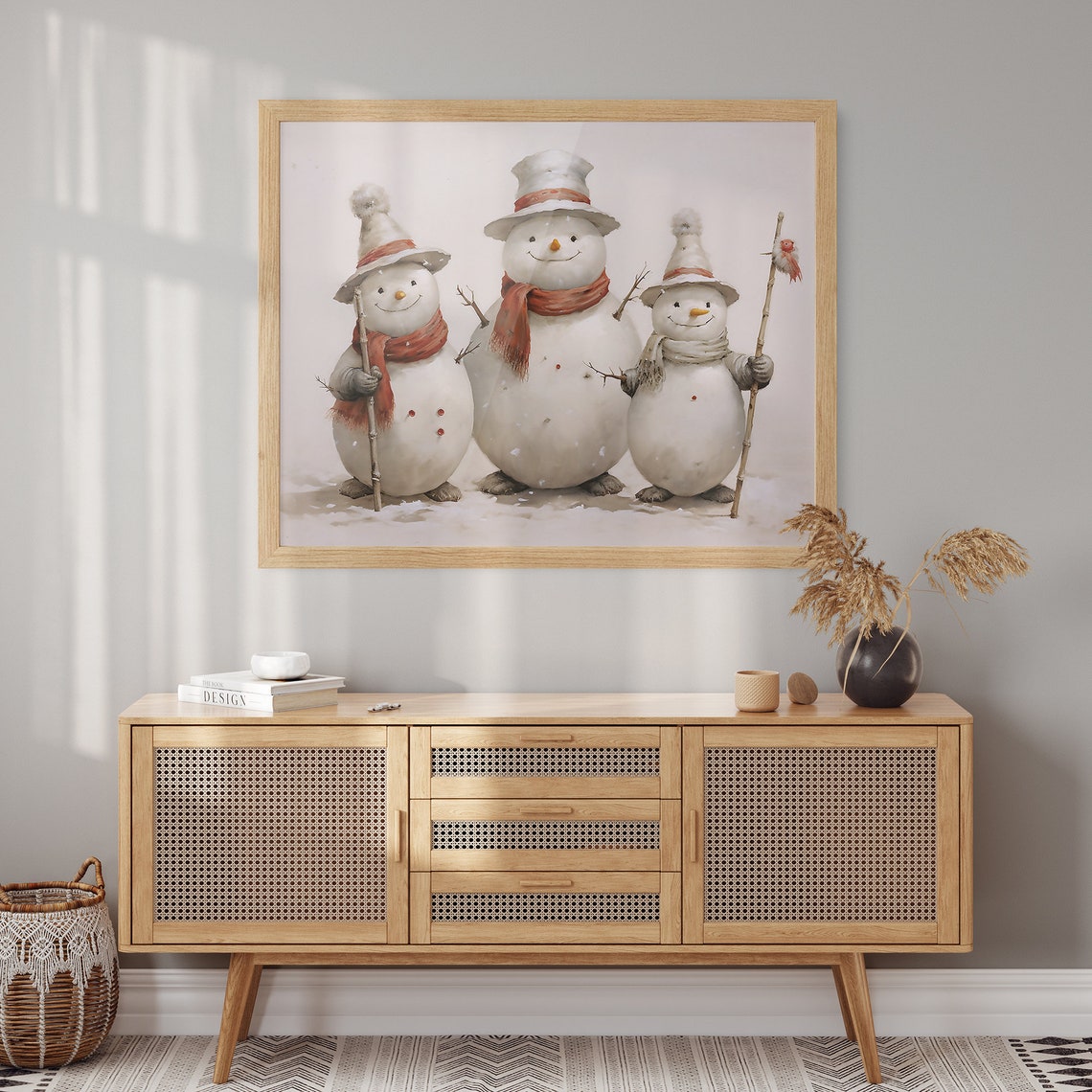 Three Cute Snowmen with Pointed Hats and Walking Sticks Poster - Image 2