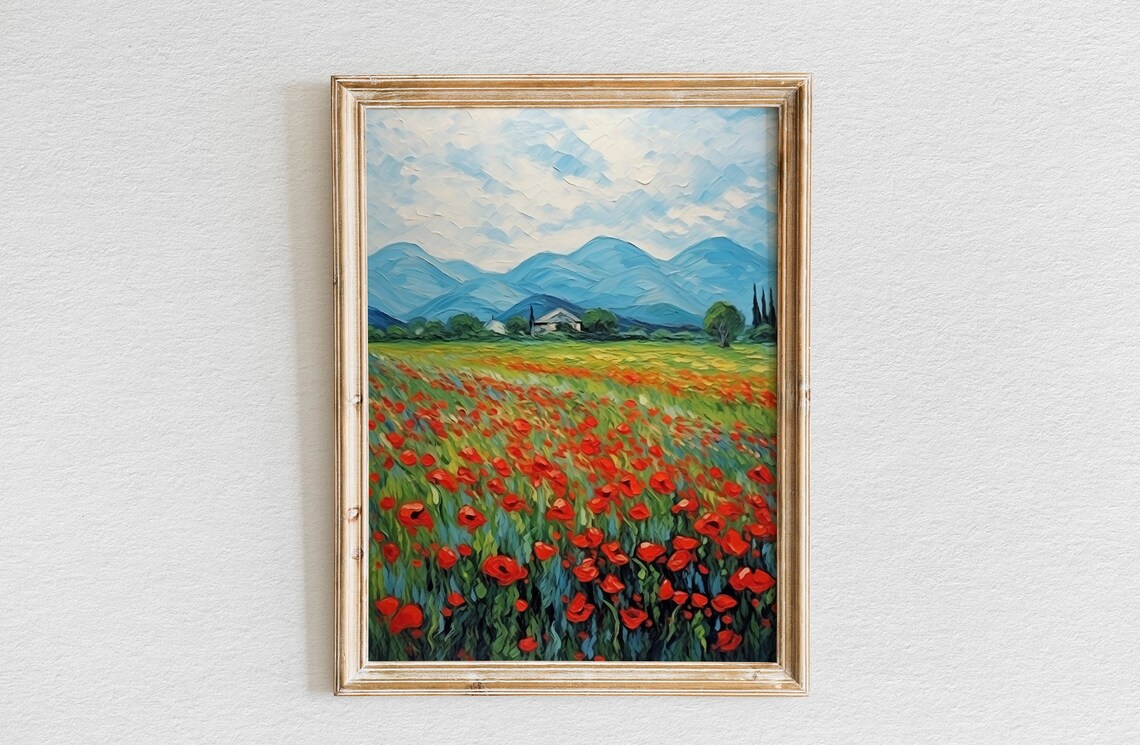Red Poppy Field with Blue Mountains in Impasto Oil Painting Poster
