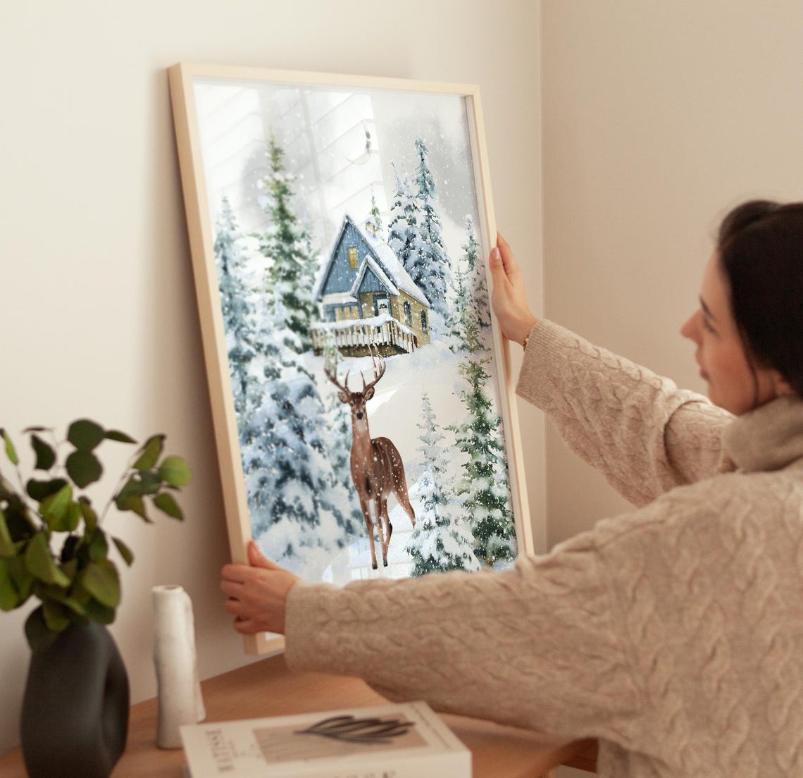 Majestic Buck Deer Before Snowy Cabin Under Crescent Moon Poster - Image 3