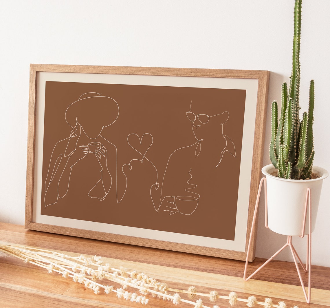 Coffee Couple Line Drawing Art Brown Minimalist Kitchen Cafe Poster - Image 4