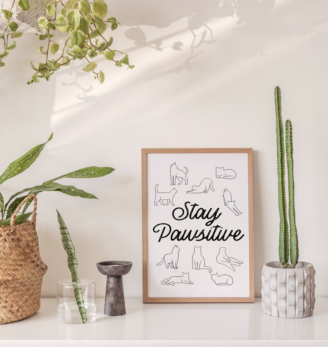 Stay Pawsitive Cat Quote Line Art Cute Cats Minimalist Gift Poster - Image 3