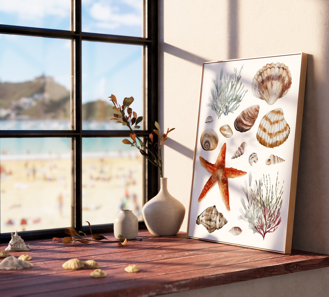 Watercolor Sea Shells Starfish Coral White Coastal Beach Wall Art - Image 4
