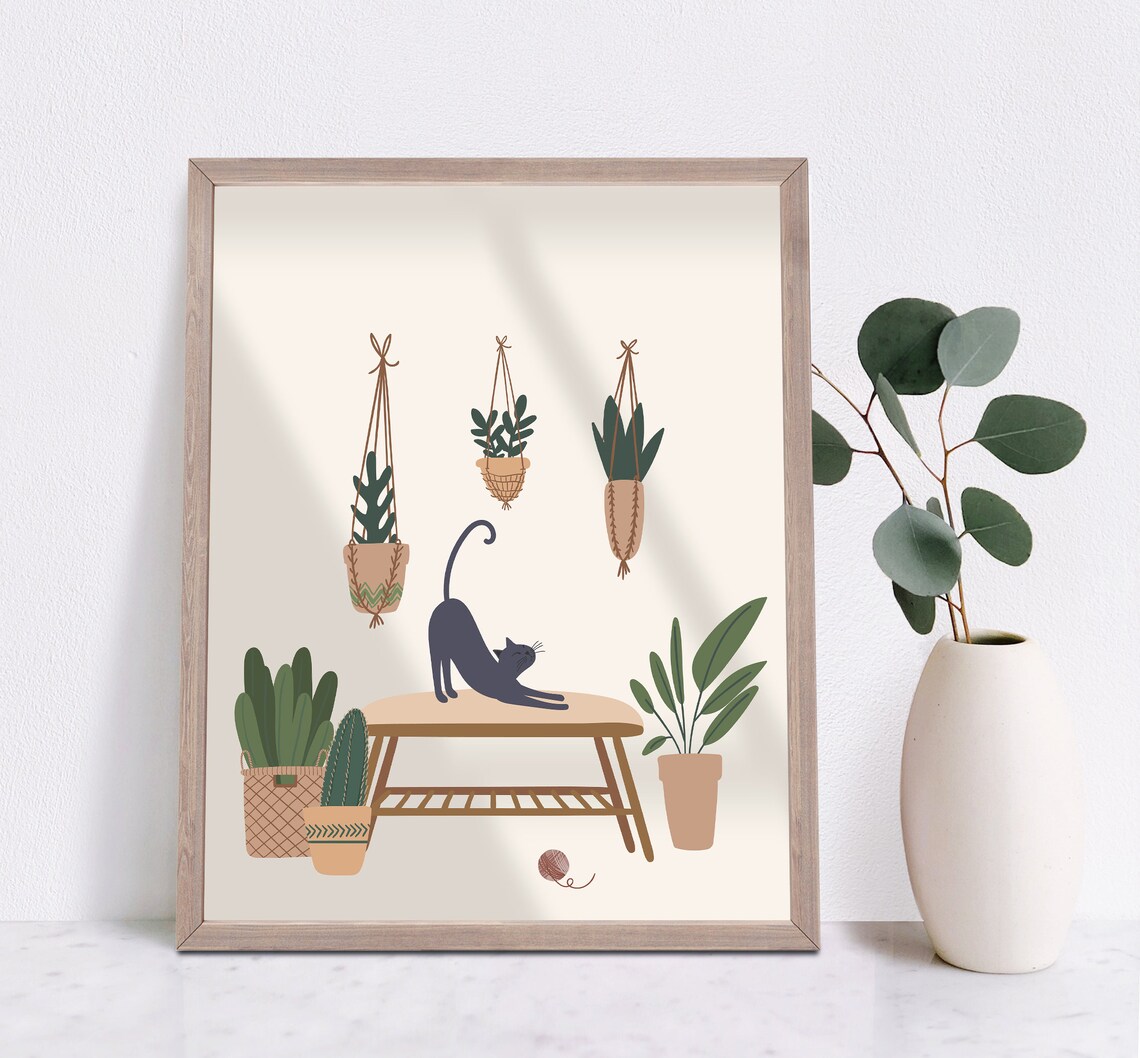Cat and Plant Botanical Art Poster, Cat Wall Decor - Image 3
