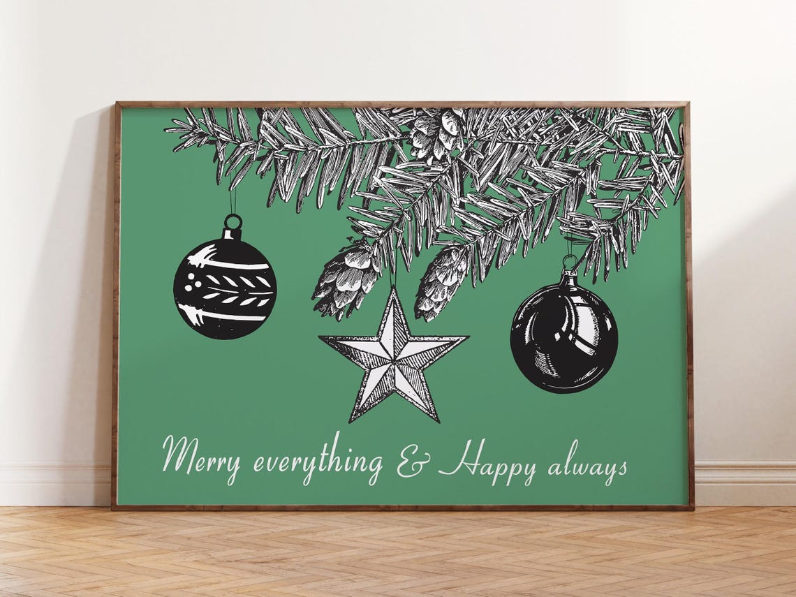 Merry Everything Happy Always Quote Pine Ornaments Green Wall Art