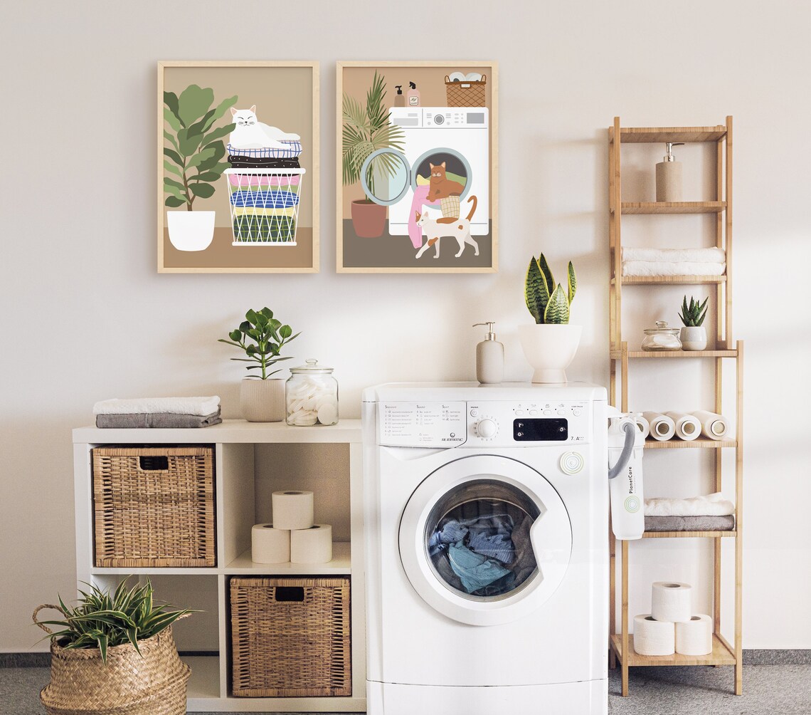 Cats In Laundry Room Boho Cat and Plant Art Print - Image 3