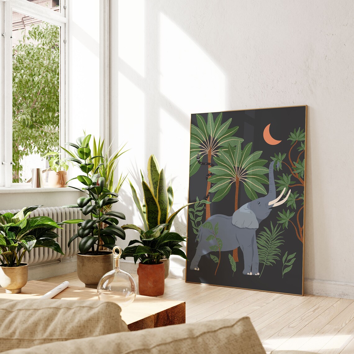 Boho Elephant Wall Art, Jungle Night Moon Print - Image 4