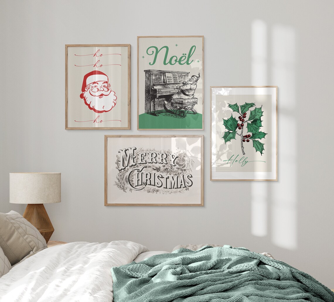 Noel Vintage Santa Playing Piano Cream Green Christmas Poster - Image 3