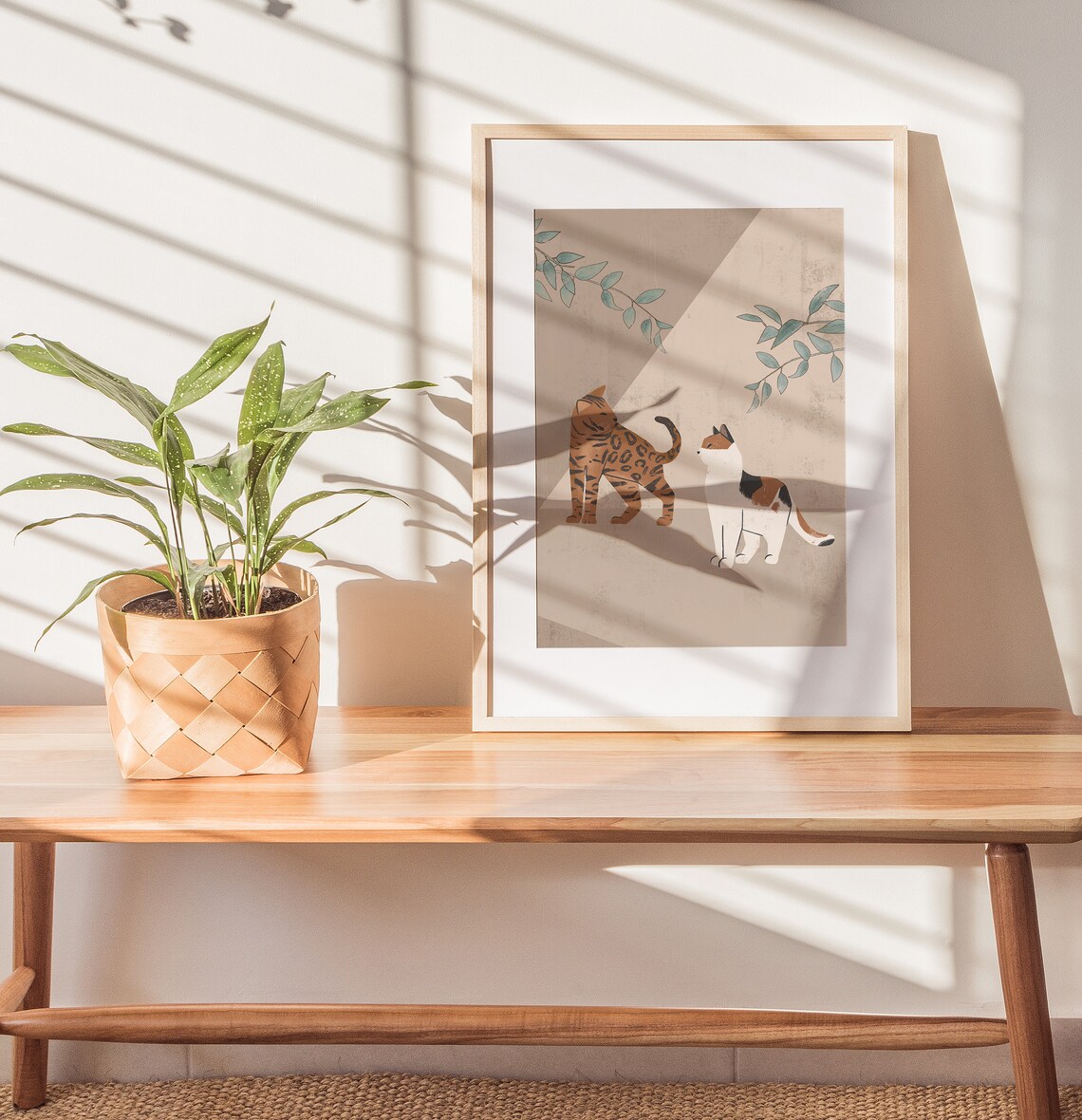 Cats and Plant Illustration, Boho Cat Art Print - Image 4