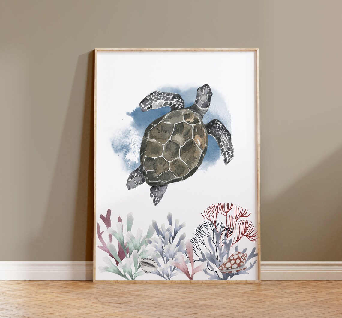 Sea Turtle Watercolor Art Print, Nautical Theme