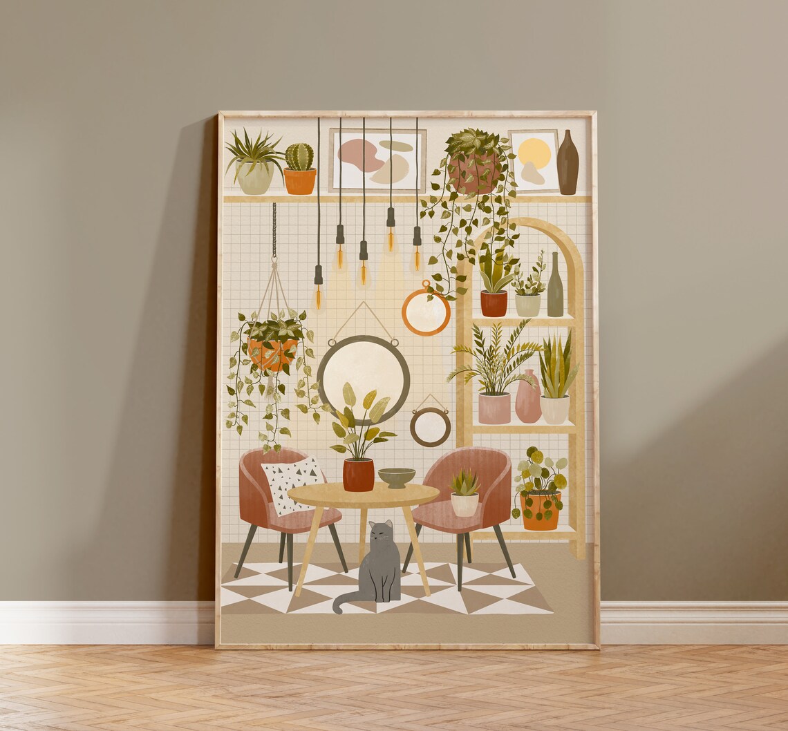Boho House Plants With Grey Cat Art Print