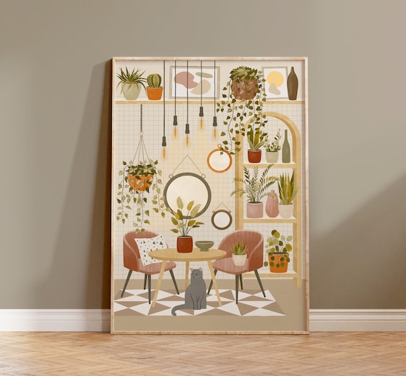 Boho House Plants With Grey Cat Art Print