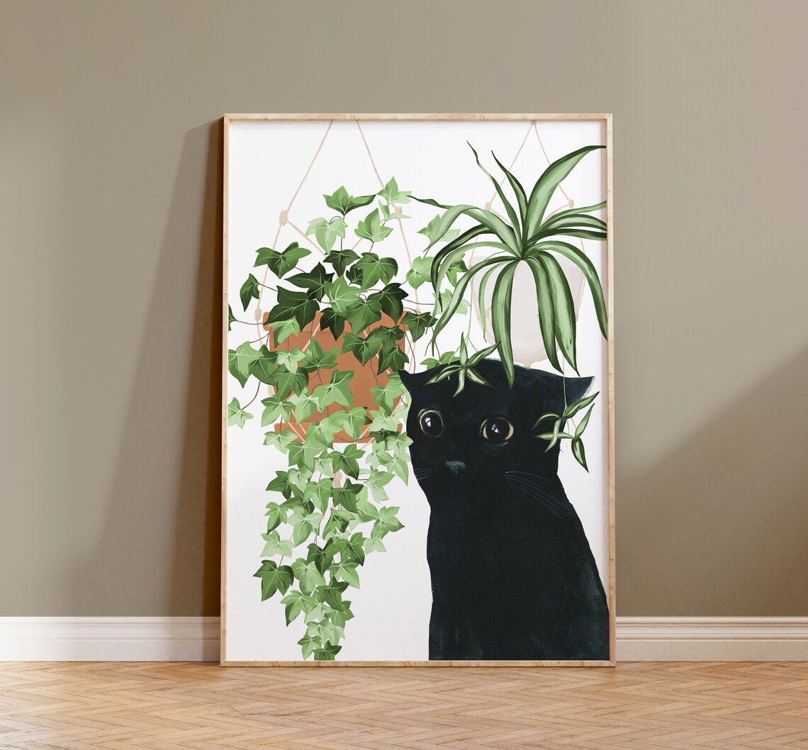 Black Cat Plants Watercolor Cat Lover Art Print