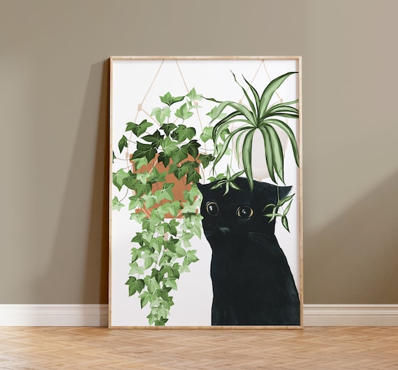 Black Cat Plants Watercolor Cat Lover Art Print