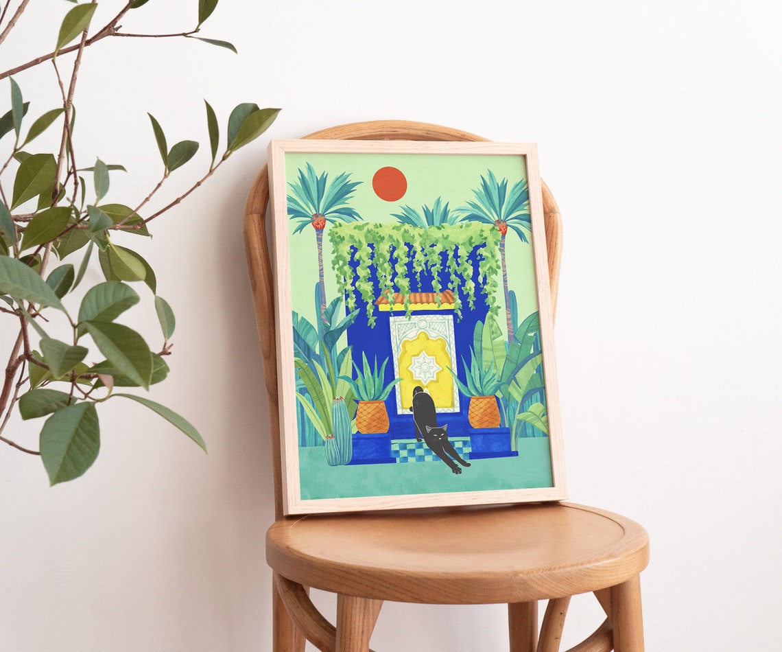 Black Cat Moroccan Blue Doorway Palm Garden Tropical Art Poster - Image 4