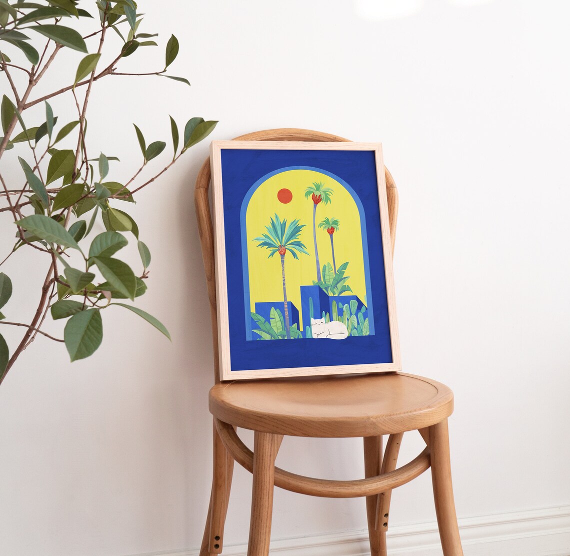 White Cat Tropical Blue Arch Palm Trees Moroccan Style Art Poster - Image 4