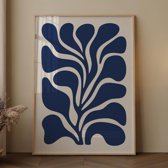 Navy Blue Wall Art Geometric Shapes Organic Minimalist Modern Abstract Botanical Print
