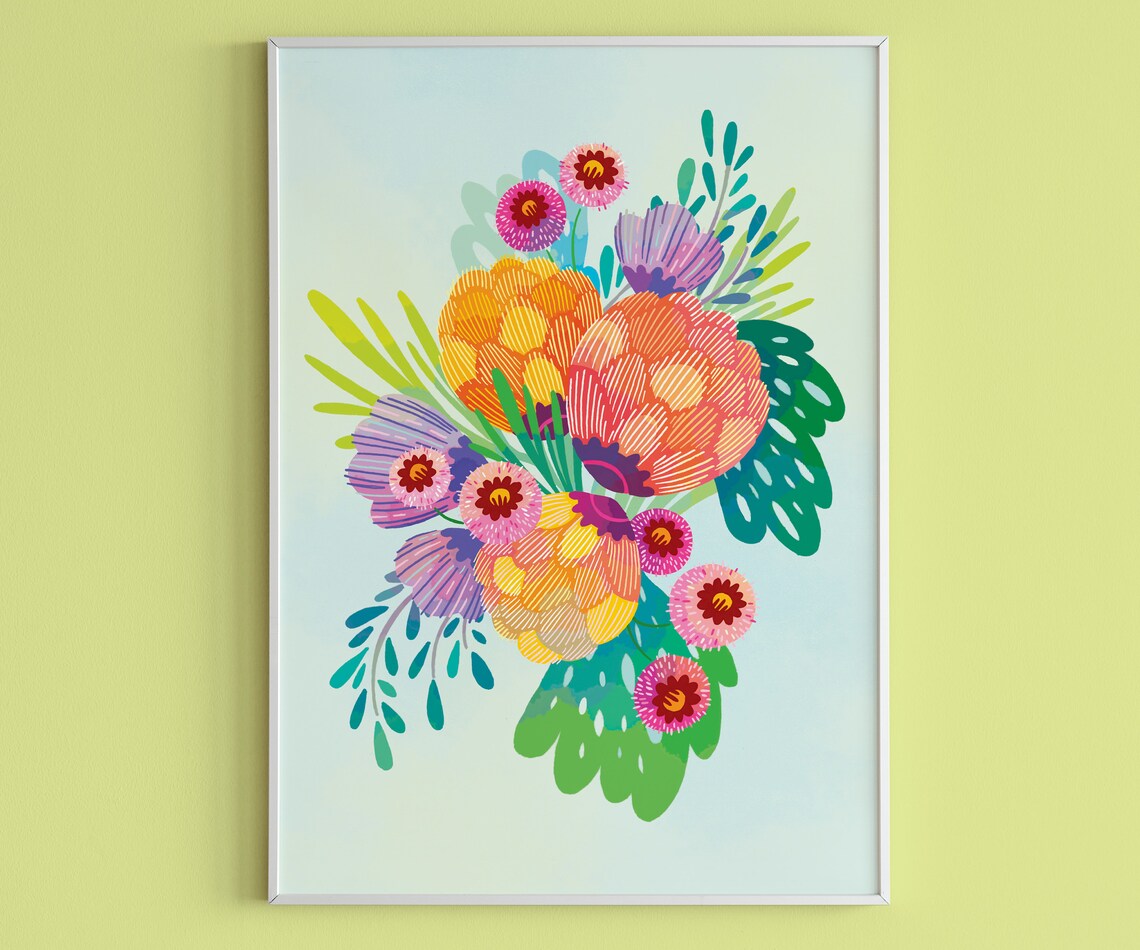 Colorful Flower Print, Boho Botanical Wall Art