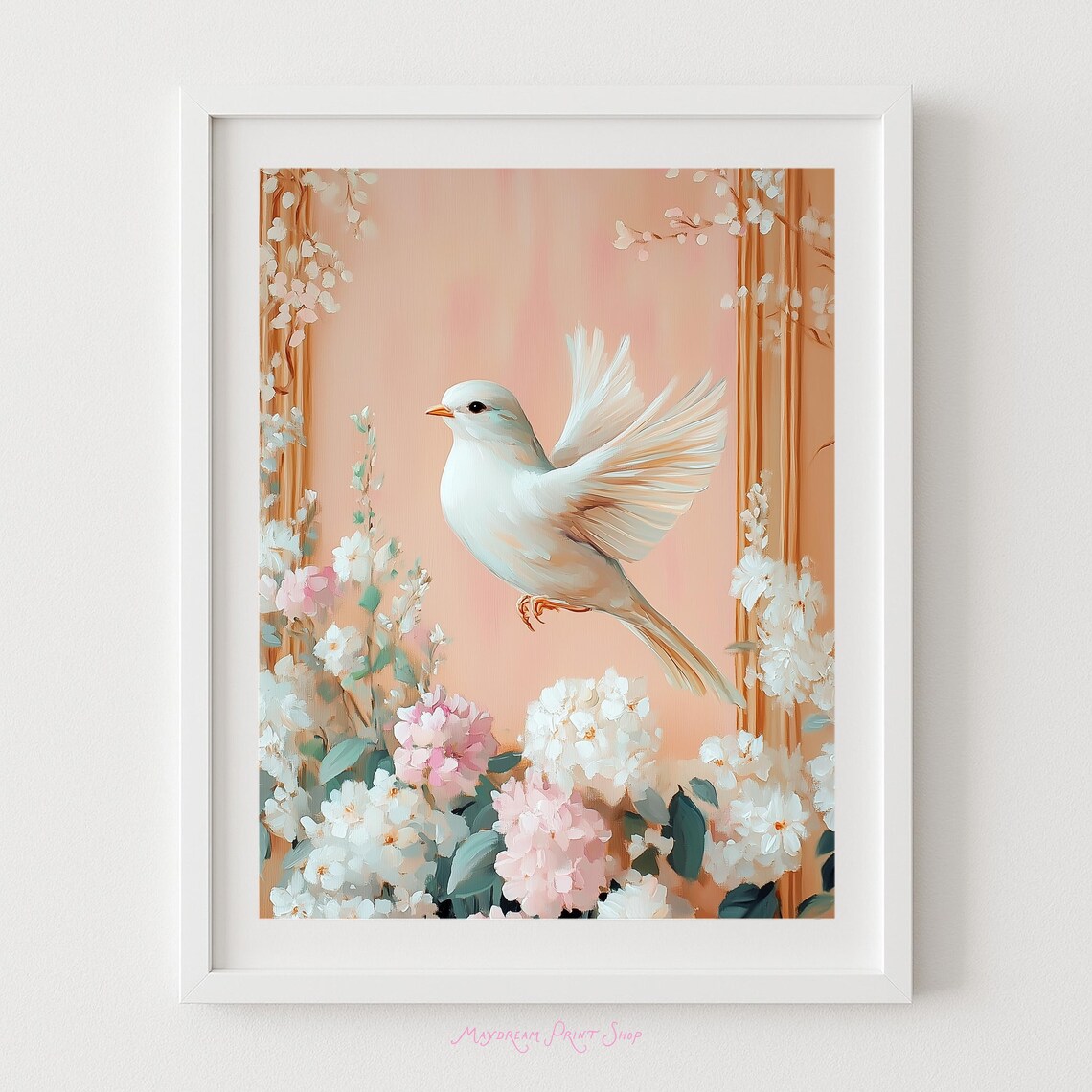 White Dove Flying Over Peach Blossoms Romantic Floral Art Poster