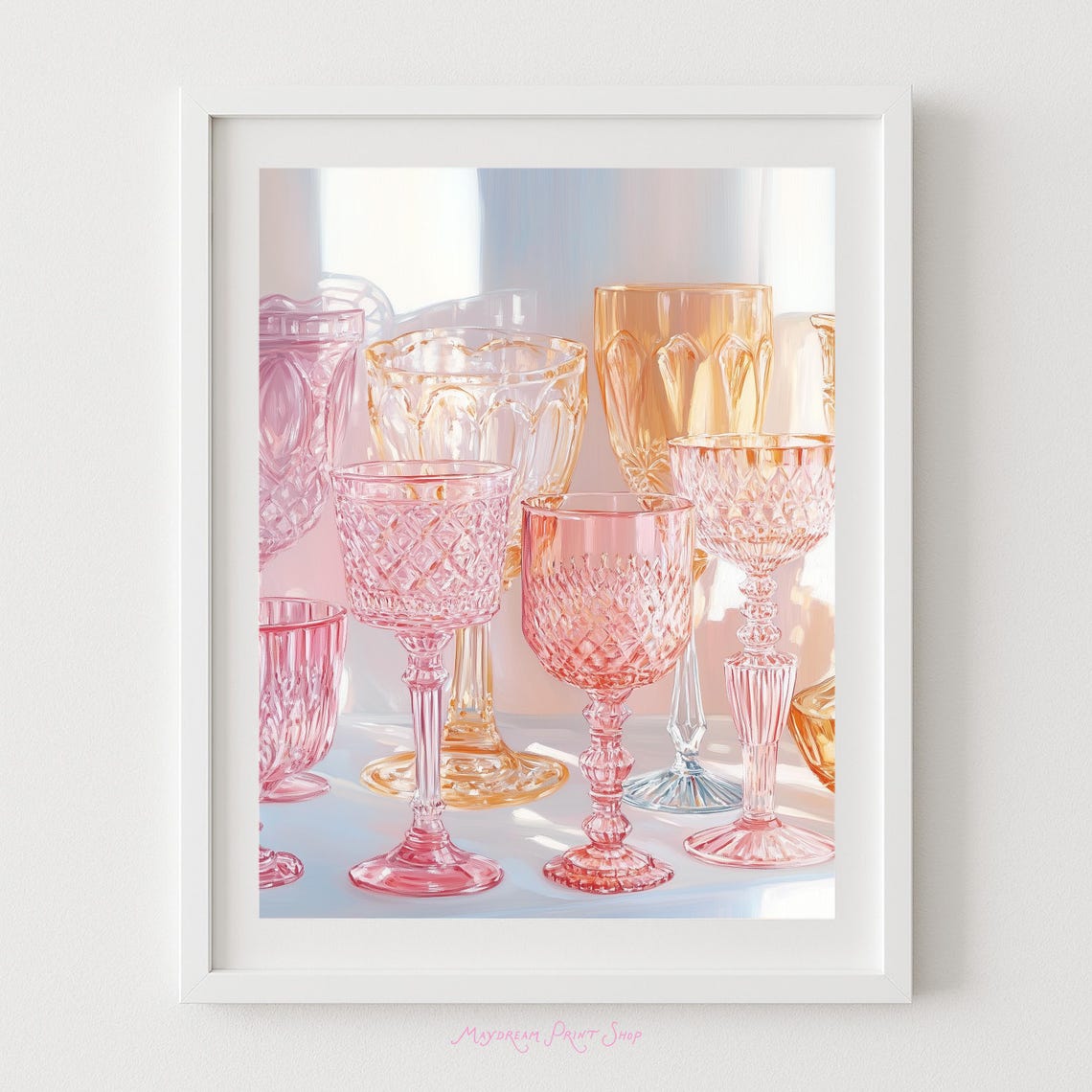 Vintage Pastel Pink Amber Crystal Goblets Elegant Still Life Poster