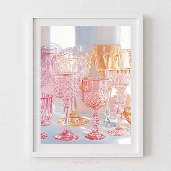 Vintage Pastel Pink Amber Crystal Goblets Elegant Still Life Poster