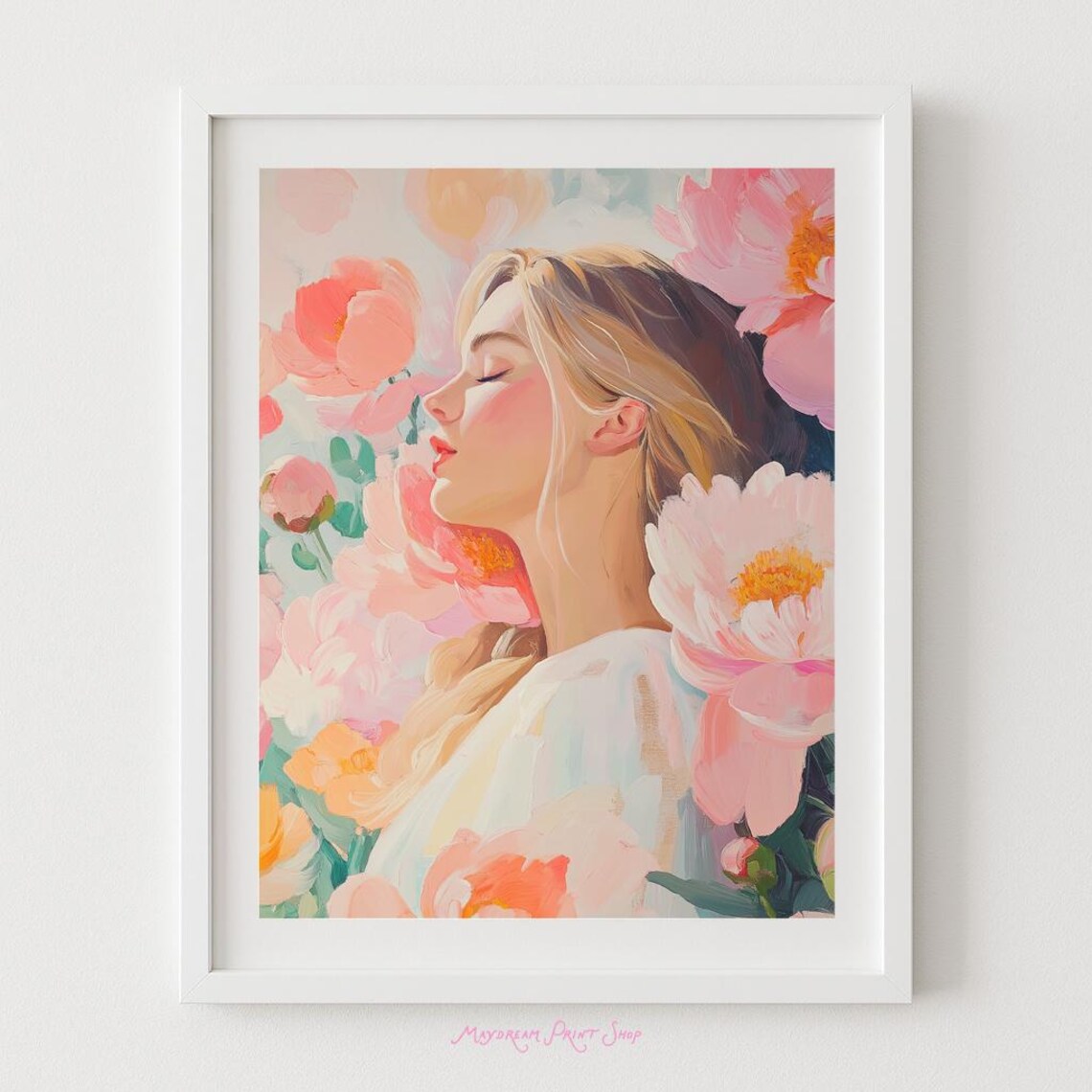 Peony Dream Blushing Woman Among Pink Peony Blooms Art Print