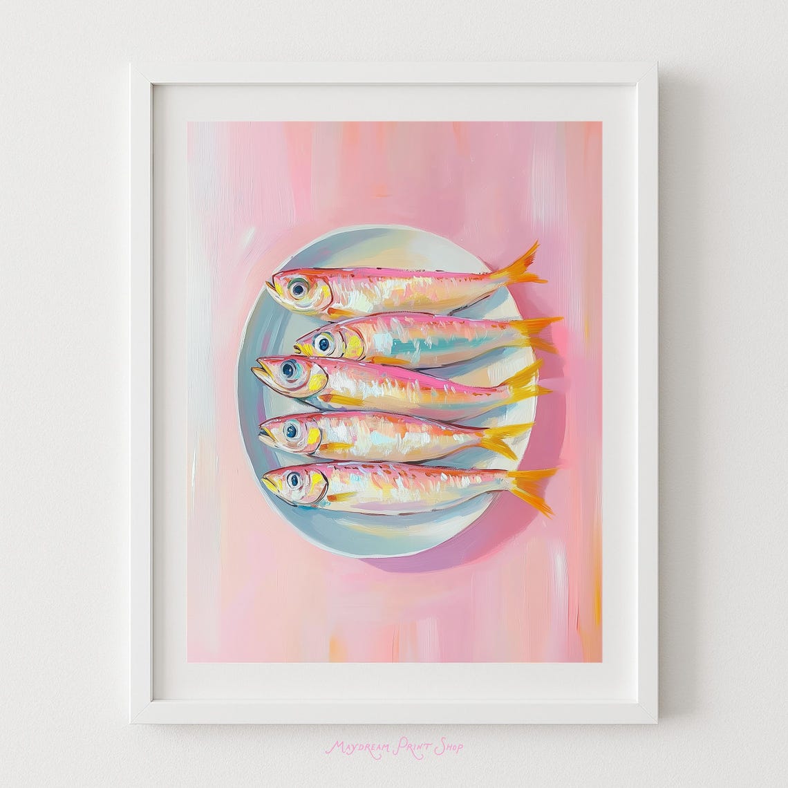 Pink Sardines On White Plate Seafood Kitchen Food Art Poster