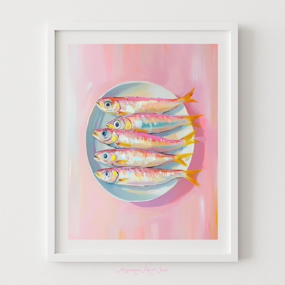 Sardines On A Plate Food Art Seafood Print Fish Lover Gift Beachy Kitchen Decor Pink Sardine Instant Snack