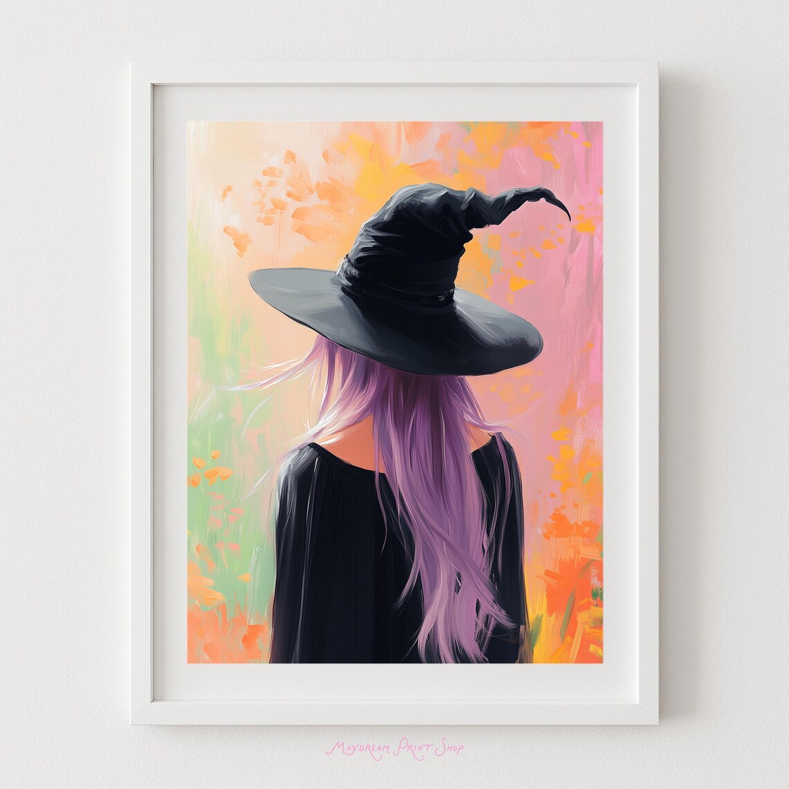 Purple Haired Witch in Black Hat Pastel Halloween Art Poster