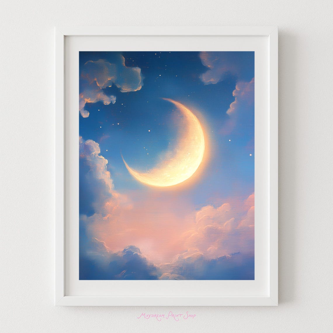 Golden Crescent Moon Pastel Cloudy Night Sky Dreamy Art Poster