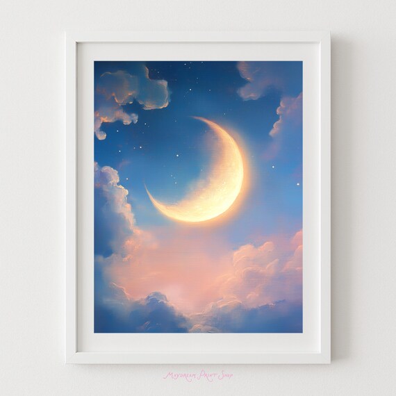 Golden Crescent Moon Pastel Cloudy Night Sky Dreamy Art Poster