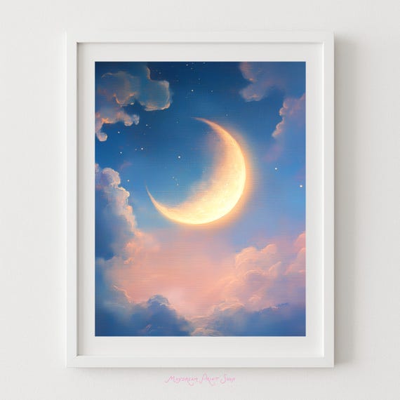 Moon Light Artwork Pastel Clouds Night Sky Print Nighttime Poster Childrens Bedroom Art Baby Boy Nursery Decor