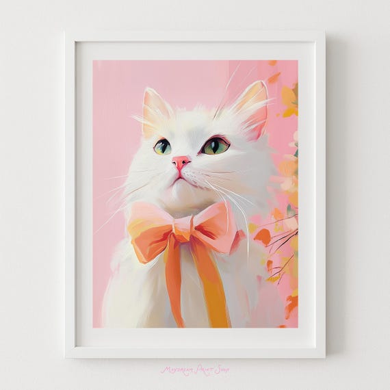 Autumn Cat Art White With Orange Bow Fall Kitty Decor Cozy Kids Lover Gift Halloween