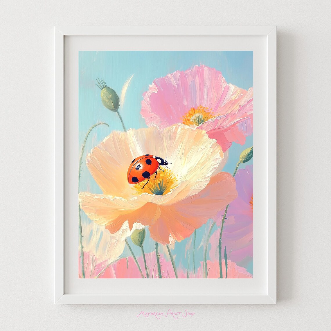 Ladybug on Pink Poppies Pastel Floral Insect Painting Poster