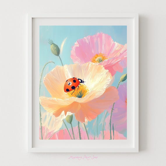 Ladybug On Poppy Art Pastel Poppies Blue Background Dreamy Artwork Pink Yellow And Decor Insect