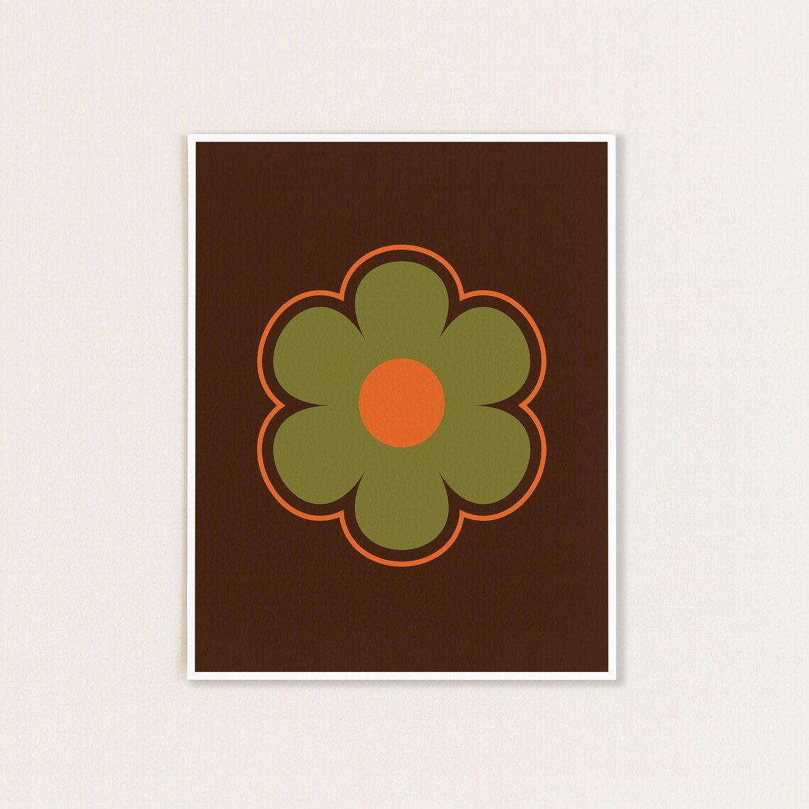 Green and Orange Flower Print, 70s Retro Floral Art